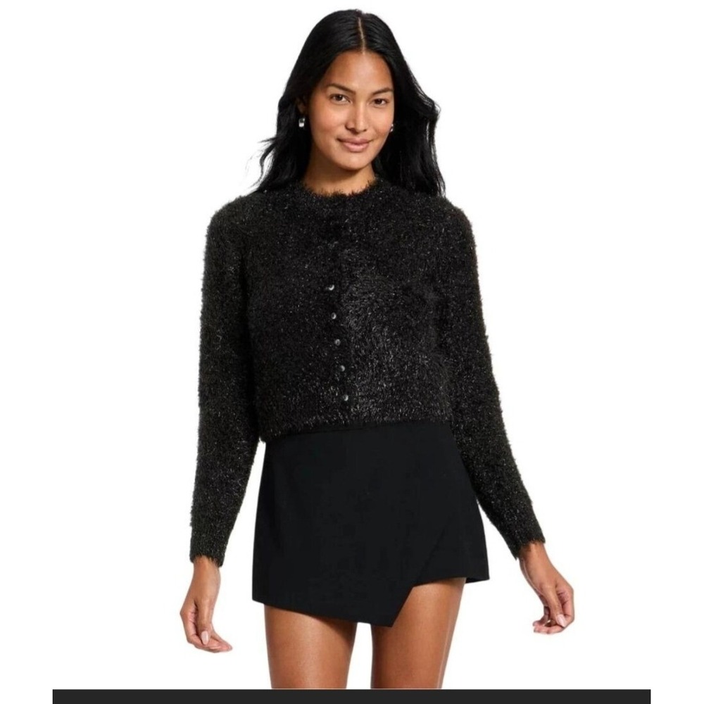 A New Day Cardigan Cropped Eyelash Knit Metallic Black Festive Women XS